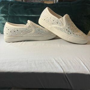 Women's White Slip-On Sneakers with Rhinestones
